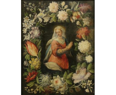 Prager Schule.: Madonna von Blumen umgeben. Öl auf Holz, um 1600. Ca. 25 x 19,5 cm. Gerahmt. - Nach Eintrag verso aus altem s