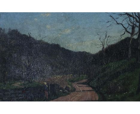 Puhonny, Victor: (1838 Prag - Baden-Baden 1909). Landschaft mit Bauern. Öl auf Leinwand, unten rechts signiert. 19,5 x 26,6, 