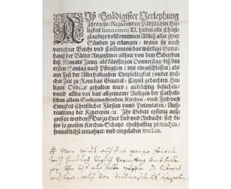 Ablaß.: Indulentia Henaria Durante Capitulo nostro Generale A°. 1685. Im Namen von Papst Innozenz XI. Gedrucktes Formular mit