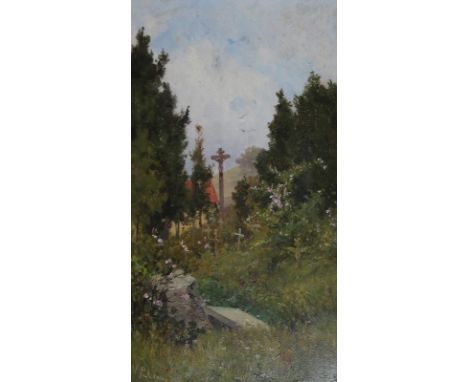 Puhonny, Victor: (1838 Prag - Baden-Baden 1909). Am Friedhof, Öl auf Leinwand, unten links signiert. 1881. 26, x 14,4 cm. - E