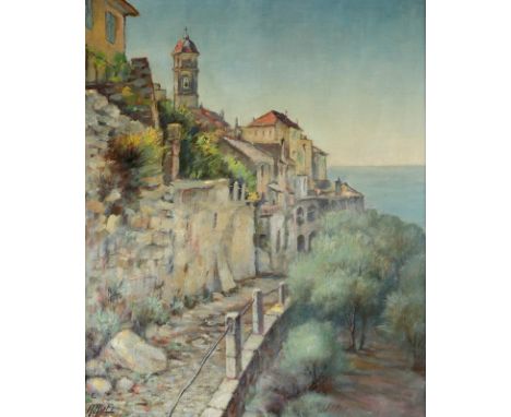 Ruf, Hermann: (1882 Karlsruhe - Pforzheim 1970). Blick auf Cervo mit dem Turm des Oratorio di Santa Caterina. Öl auf Lwd. 60,