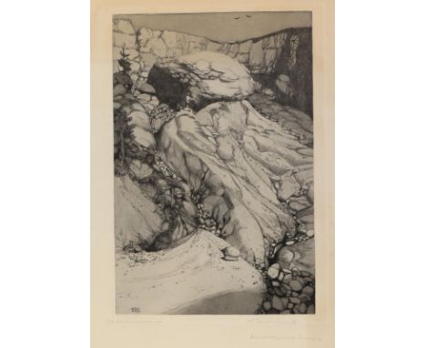 Schmoll von Eisenwerth, Karl: (1879 Wien - Stuttgart 1947). Bildhauer im Steinbruch. Radierung von der unverstählten Platte (