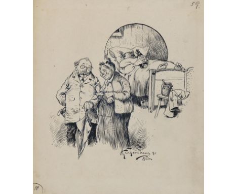 Lagemann, Otto: (1866 od. 1868 Berlin - unbekannt). Ein altes Paar, er mit Regenschirm, sie mit einer Träne im Gesicht im Vor