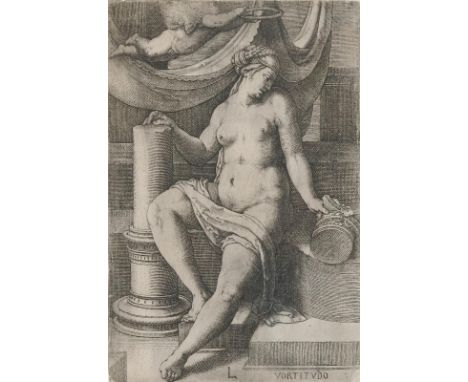 Leyden, Lucas van: (1494 Leiden 1533). Vortitudo. Kupferstich auf Bütten, 1530. Aus der Folge "Die sieben Tugenden". Blgr. 16