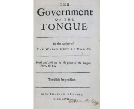 (Allestree,R.).: The government of the tongue. By the author of the whole duty of man, &amp;c. The fifth impression. Oxford, 