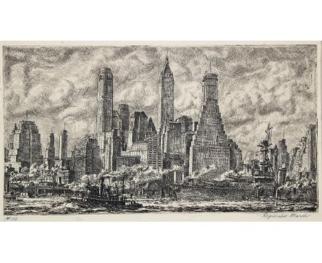 Marsh, Reginald H.: (1898 Paris - Dorset 1954). Skyline from Pier 10, Brooklyn, New York. Radierung 1931. 16,4 x 30,2, Blgr. 