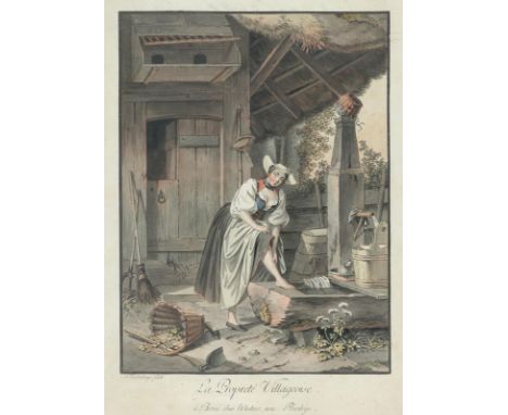 Freudenberger, Sigmund: (1745 Bern 1801). 4 kolor. Umrissradierungen, tls. auf Bütten. 2 Bl. unter Glas gerahmt (nicht ausger