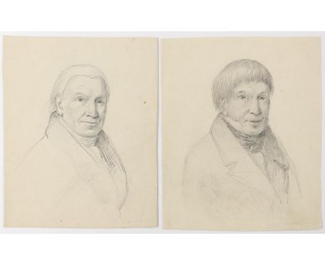 Biedermeier-Portraits.: Zwei Herren-Portraits: Mann mit fransigem Pony im Mantel. - Mann mit freier Stirn, Stehkragen u. Haus