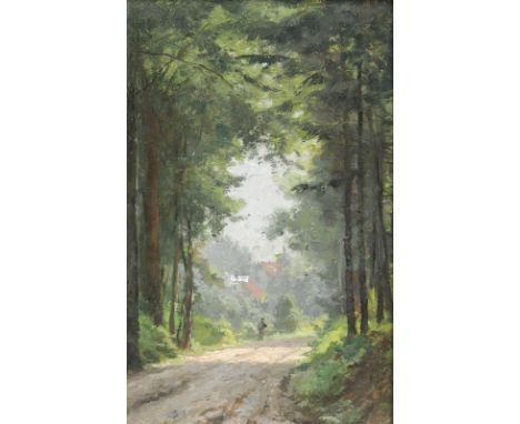 Puhonny, Victor: (1838 Prag - Baden-Baden 1909). Sommerlandschaft mit Waldweg und Durchblick auf ferne Häuser. Öl auf Leinwan