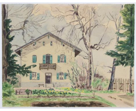 Bayern.: Bayerisches Wohnhaus. Aquarell auf leichtem Karton 1945. 18 x 23 cm. Unt. mittig. Monogr. "P.W. cop." u. dat. - Ob. 
