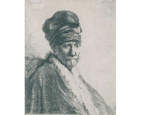 Rembrandt, Harmensz van Rijn: (1606 Leiden - Amsterdam 1669). Mann mit Schnurrbart und turbanartiger Mütze. Radierung und Kal