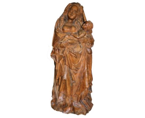 Madonna: mit Jesuskind. Heiligenfigur. Holz geschnitzt, rückseitig gehöhlt. 20. Jhdt. Höhe ca. 85 cm. - An mehreren Stellen g