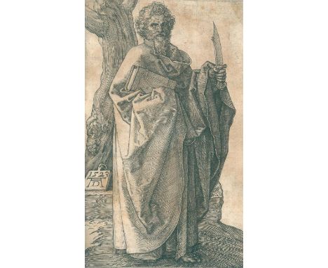 Dürer, Albrecht: (1471 Nürnberg 1528). Der Apostel Bartholomäus. Kupferstich 1523. Blgr. 12,1 x 7,6 cm. Aufgezogen.  Meder 45