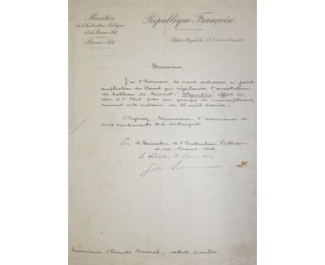 Monet, Claude,: französischer Maler des Impressionismus (1840-1926). Handschr. Brief an ihn vom "Ministère de l'Instruction P