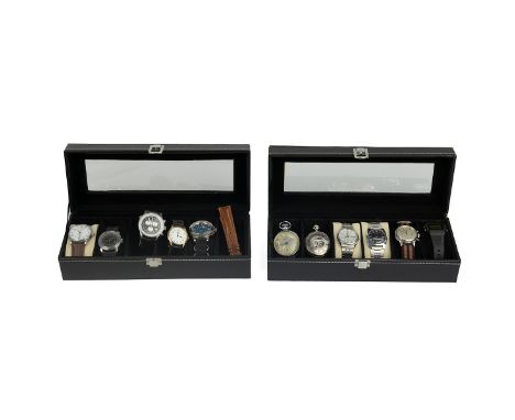 Selection of 9 wristwatches and 2 pocket watches in two leather cases. Includes: Vostok Amphibia Russian diver automatic watc