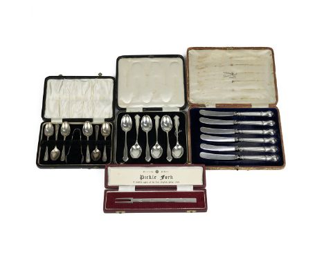 Silver flatware, three case sets of silver flatware, including a replica of the first English Pickle Fork (1632). Hallmarked 