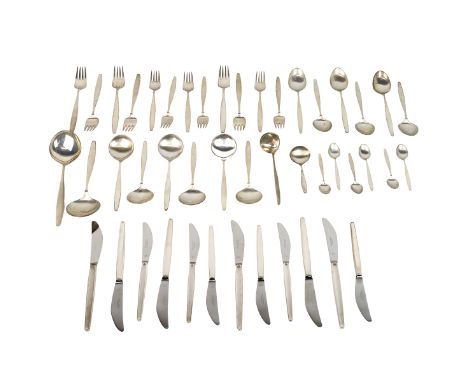 George Jenson Cypress Pattern, Danish 1954, silver six setting canteen of cutlery unboxed and unused, 46 pieces in total. Des