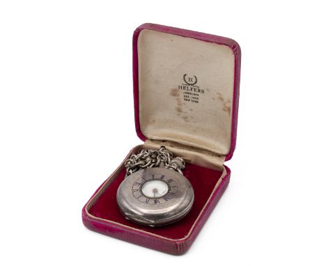 J W Benson, London, a silver half hunter cased pocket watch, signed white enamel dial with black Roman numerals, blued steel 