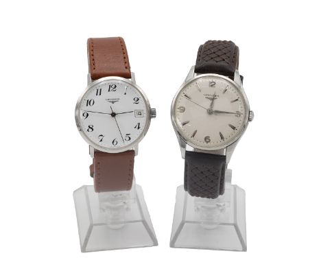 2x Longines manual wind watches. 35mm stainless steel case, white dial, arrow and Roman numeral hour markers, brown leather s