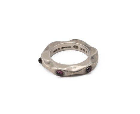 Maria Berntsen for Georg Jensen, mirror ring set with three amethyst cabochons, model number 261, finger size I, 7.36 grams.