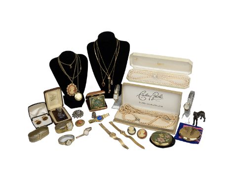 Costume jewellery including watches, brooches, compact and other items.