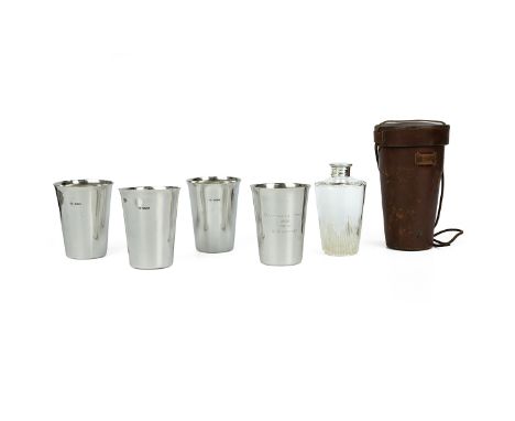 Silver topped golf flask with inscription to the lid 'Royal Liverpool Golf Club' and four silver gilt beakers with inscriptio