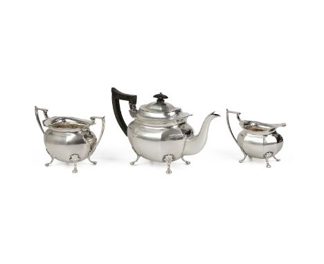 Early 20th century silver three piece tea set, comprising teapot, milk jug &amp; sugar bowl, the teapot with ebonised finial 