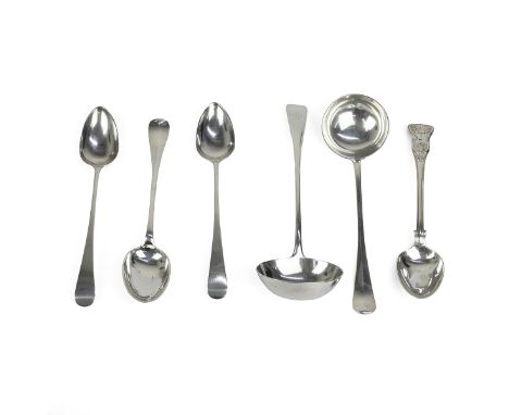 Collection of silver ladles and basting spoons, to include a William IV shell pattern basting spoon, London 1834, along with 