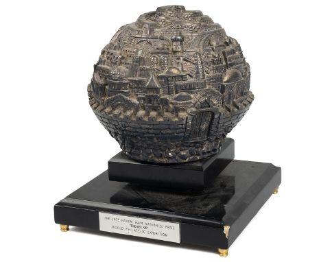 20th Century Israeli silver globe-shaped panoramic model of a city, possibly of Jerusalem, standing on a square wooden base w