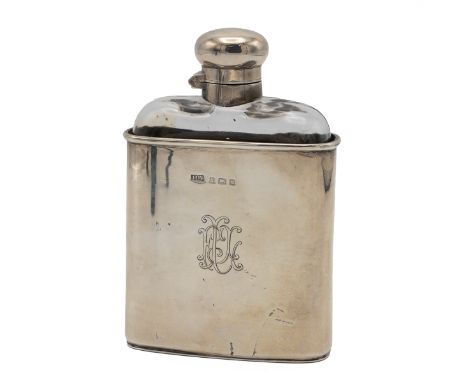 A silver cased, glass hip flask, the cup monogrammed, hallmarked Birmingham 1904, maker John Collard Vickery, H 13cm.