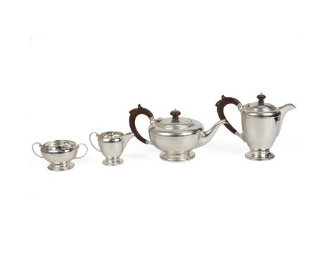 Silver four piece tea set comprising coffee pot, H17cm, teapot both with bakelite handles and finials, sugar bowl and cream j