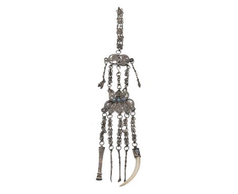 An Indian Chatelaine with filigree decoration tested as 925 (bidders should make their own assessment), decorated with turquo