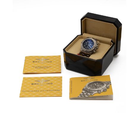 Breitling Chrono Avenger E13360 wristwatch, purchased 2003. Stainless steel case and bracelet, black Arabic dial with white g