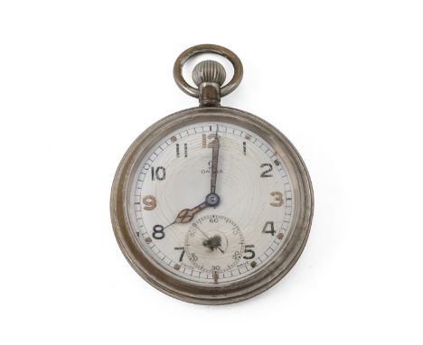 Omega, a Government-issued open faced chrome plated pocket watch, signed white dial with Arabic numerals, luminous quarter nu