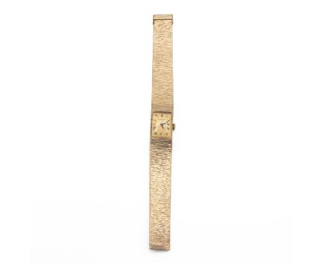 Vintage 9ct gold Bueche-Girod lady's wristwatch, c1970's. Manual wind, 15mm rectangular case, gold tone dial, Roman numeral h
