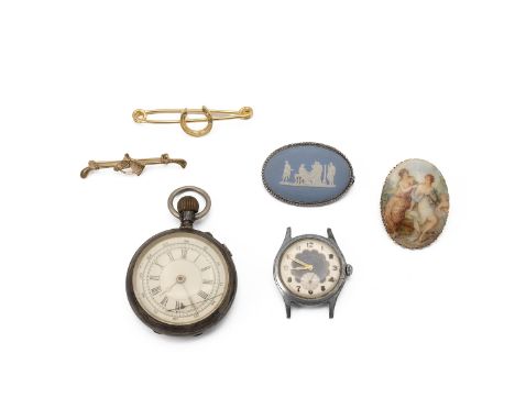 Continental 800 standard open faced pocket watch; a gentleman&rsquo;s wrist watch, head only; and costume brooches.