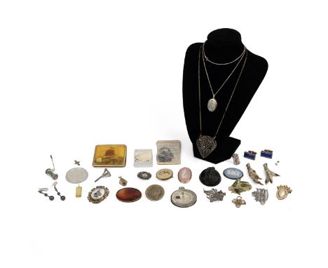 Collection of Victorian and later costume jewellery to include a mourning brooch, heart-shaped box, jet brooch with a female 