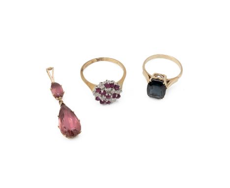 18ct yellow gold, ruby and diamond cluster ring, finger size P, 3.81 grams, along with a 15ct gold drop pendant, 2.36 grams a