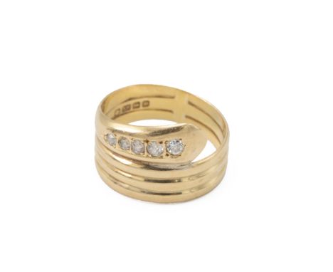 18ct gold serpent ring, set with a graduated line of five diamonds to the head, fingers zie R, 6 grams gross.