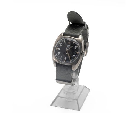 Vintage Hamilton Military wristwatch, c1973. 35mm stainless steel case, black dial with luminous hour markers and hands, reve