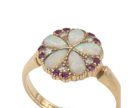 18ct gold opal, ruby and diamond cluster ring, Chester hallmark rubbed, finger size R, 4 grams gross.