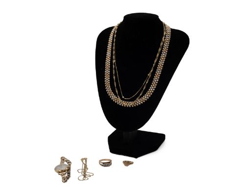 9ct gold jewellery including a link necklace, lady's Rotary watch, two rings, and various necklaces, 46.98 grams gross.