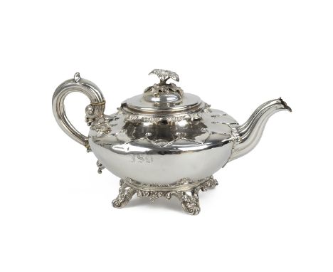 William VI silver teapot, of bulbous form with a flower finial and ivory insulators, London 1834, Edward, John & William Barn