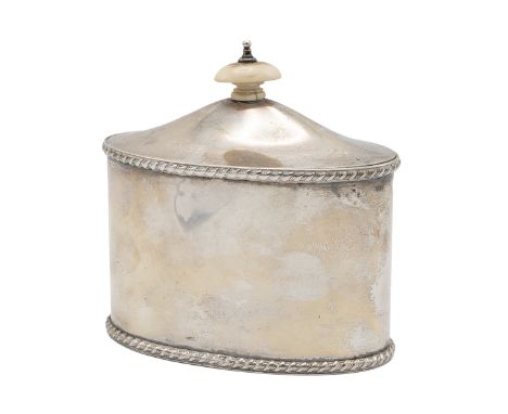 George V silver oval tea caddy, with a rope twist border, London 1923, Mappin and Webb, 236 grams gross. Ivory submission ref