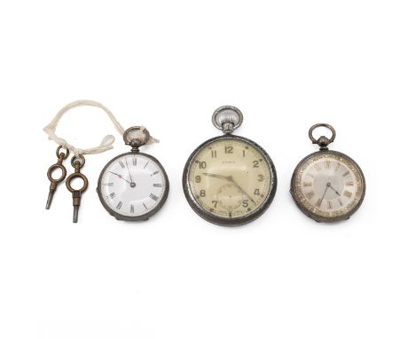 Continental silver open-faced key wound fob watch; another similar, with two watch keys; and a chrome plated Government issue