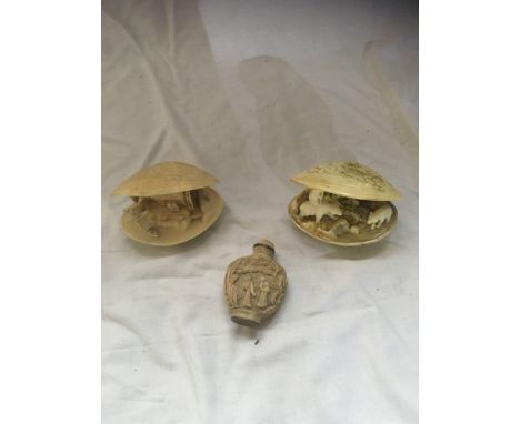  Sale Item:    PERFUME BOTTLE &amp; CARVED SHELL   Vat Status:   No Vat   Buyers Premium:  This lot is subject to a Buyers Pr