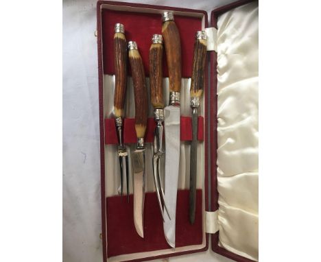  Sale Item:    CASED HORN HANDLED CARVING SET (AF)  Vat Status:   No Vat   Buyers Premium:  This lot is subject to a Buyers P