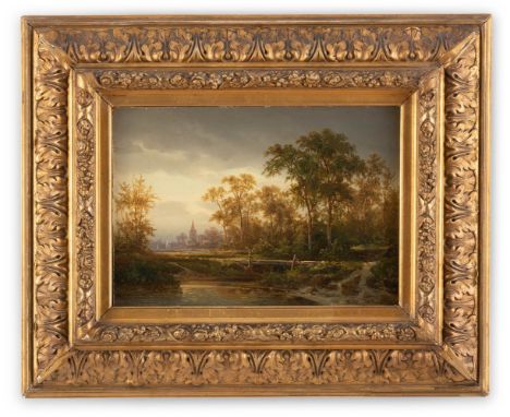 Brügner, Cölestin (Berlin 1824-1887) Sommerlandschaft  mit Segelbooten und Kirche am See in der Ferne. Sign. Öl auf Malkarton