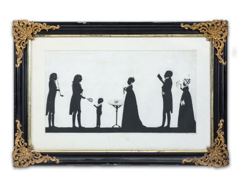 Silhouettenkünstler (um 1800) Sechs Personen  Bei verschiedenen häuslichen Tätigkeiten: Herr mit Tonpfeife beim Rauchen, Herr
