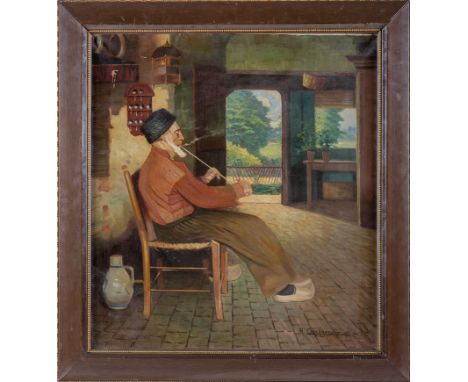 Oesterschmidt, H. (um 1940) Alter holländischer Bauer  mit Pfeife im Hauseingang. Sign. u. dat. Lwd. 61×56 cm. R. (48325)